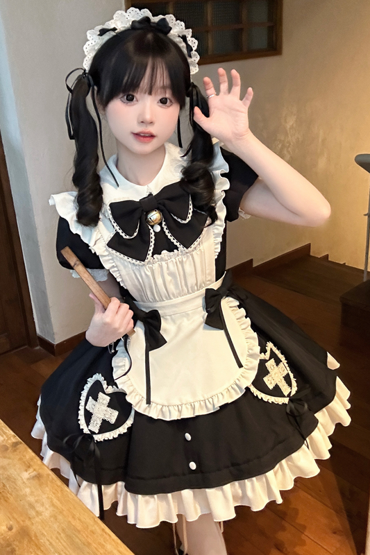 Herzschlag-Puppenmädchen-Lolita-Kleid + Schürze + Kopfbedeckung + Fliege