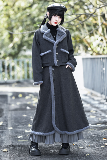 Retro mode fur short jacket + skirt