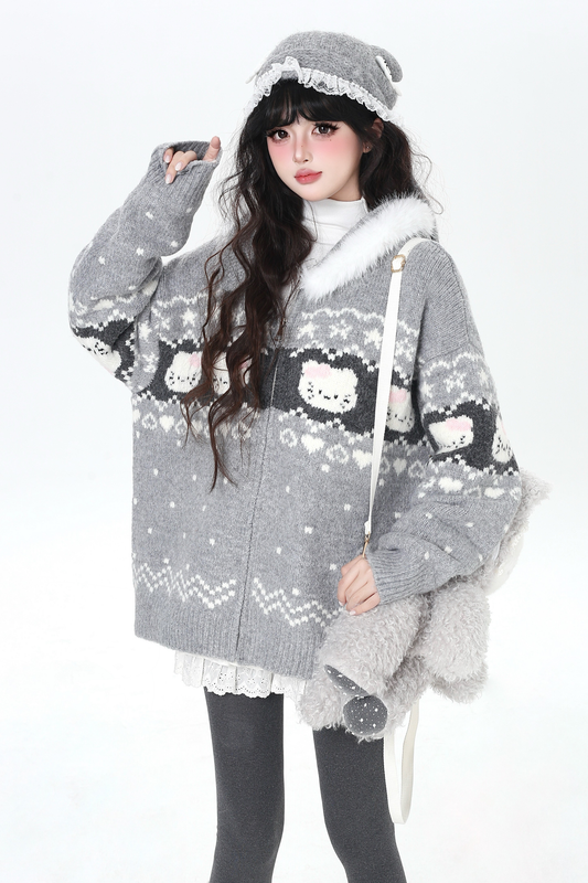 Fair Isle Loose Hooded Knit Cardigan