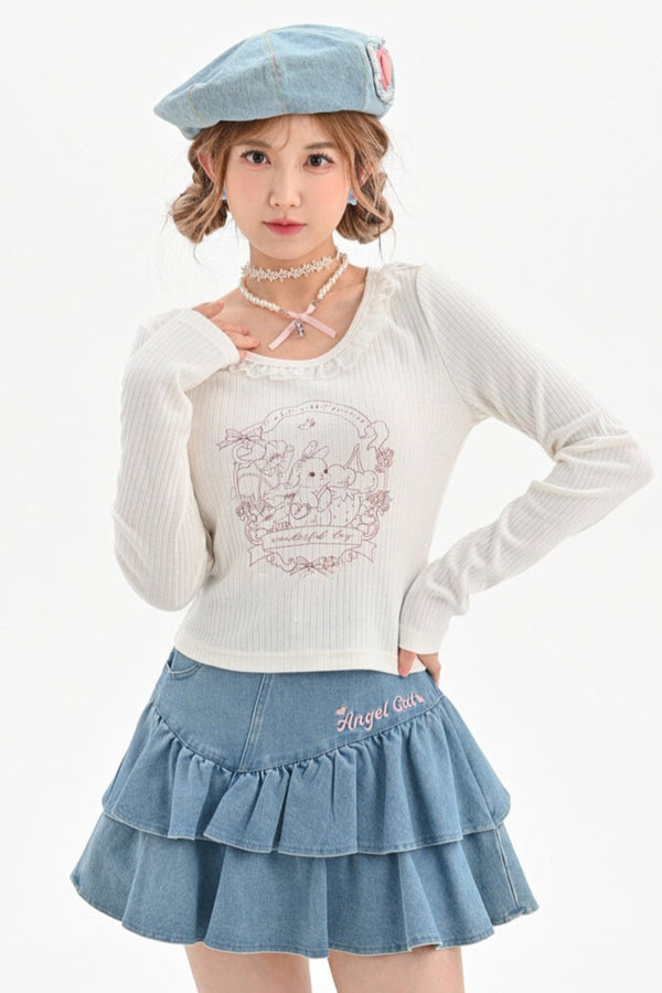 Striped Slim Fit Lace Long Sleeve T-Shirt