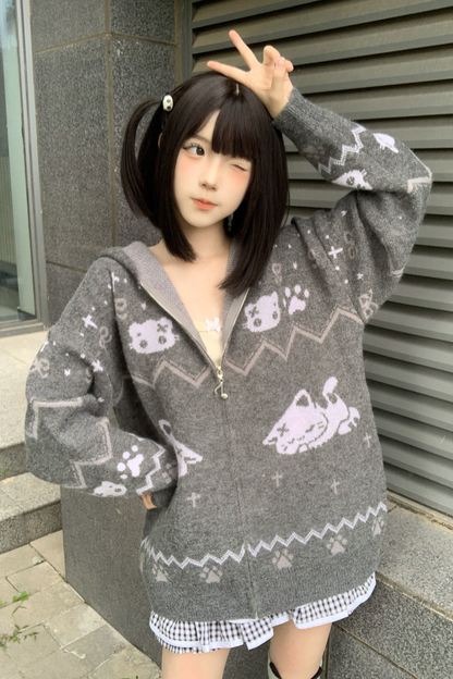 キャットデザインフード ニットカーディガン