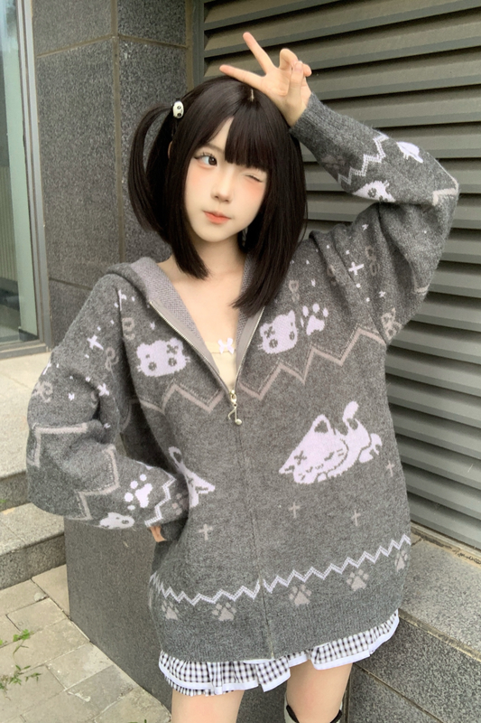 キャットデザインフード ニットカーディガン