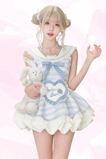 Sailing Bear Blue Border Dress