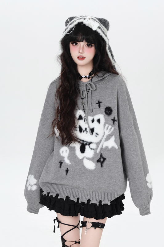 Night Dark Cat Loose Hooded Knit