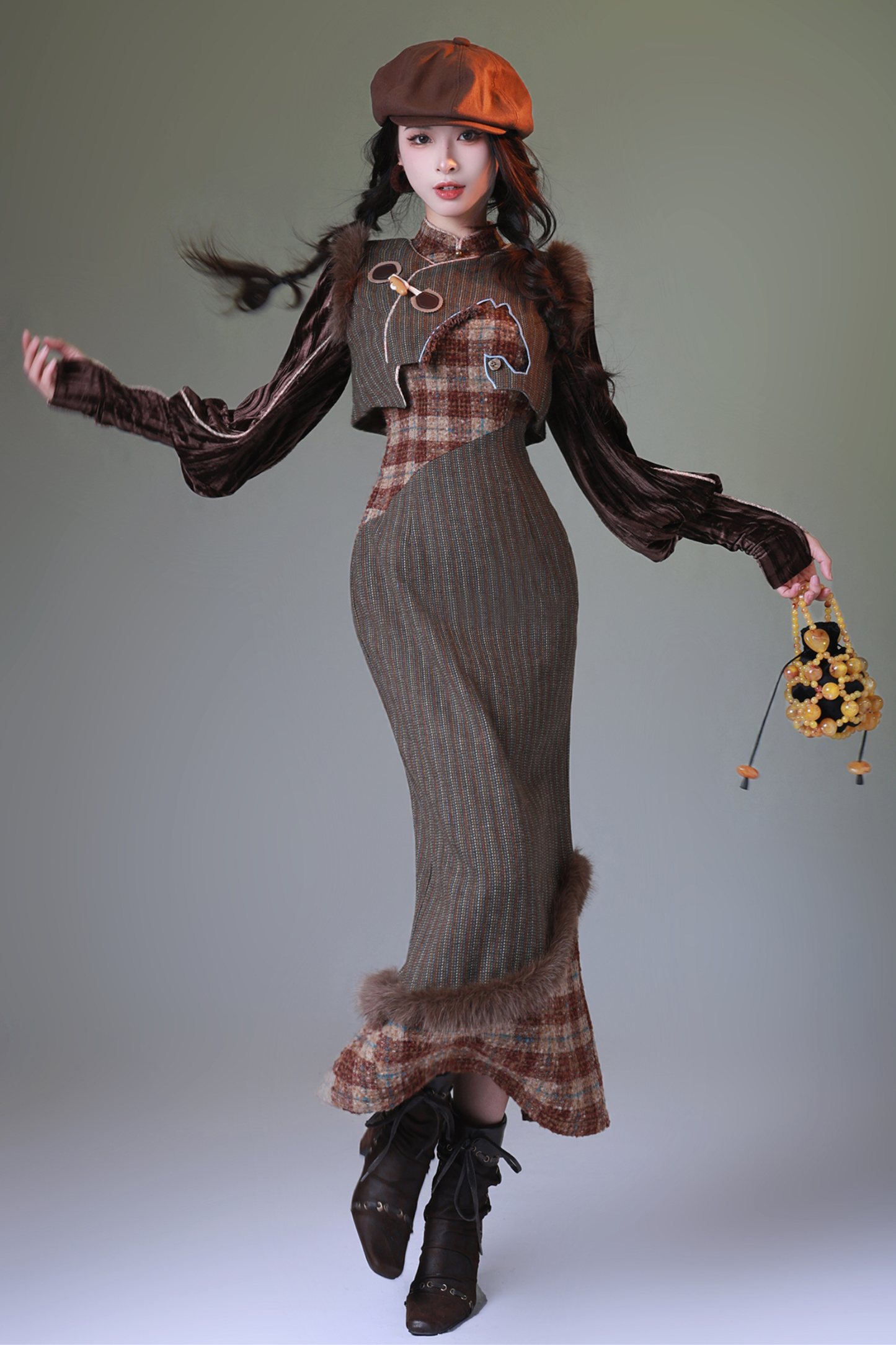 Check Retro Girly Long Dress