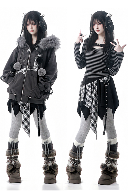 ファーボールファーフードジャケット+トップス+スカート