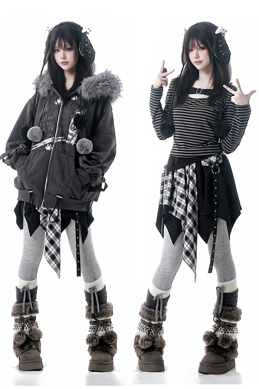 ファーボールファーフードジャケット+トップス+スカート