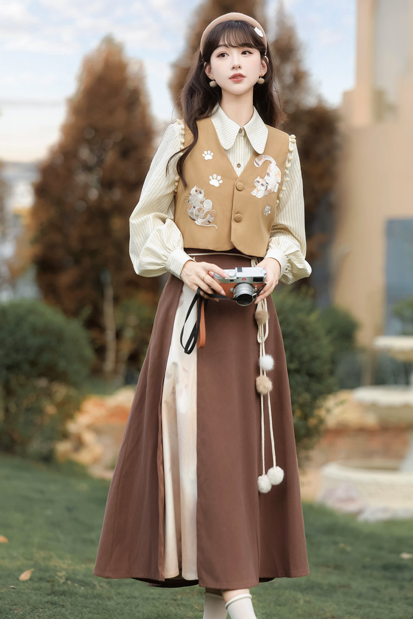 レトロキャットベスト+トップス+スカート