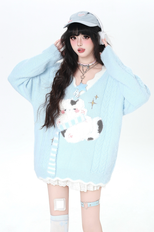 V-Neck Loose Cat Knit