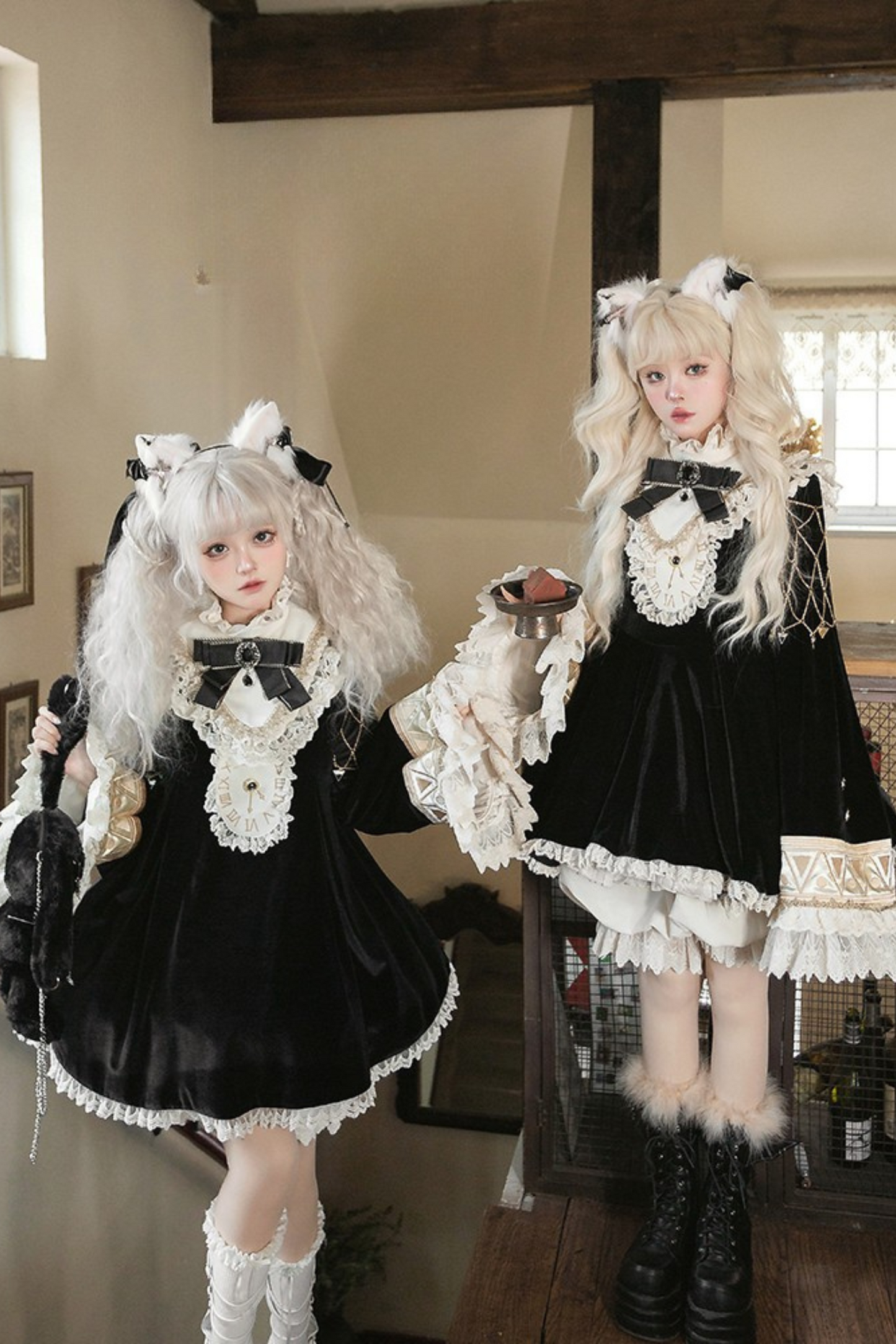 黒猫フリルクロックロリータドレス+パンプキンパンツ