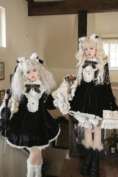 黒猫フリルクロックロリータドレス+パンプキンパンツ
