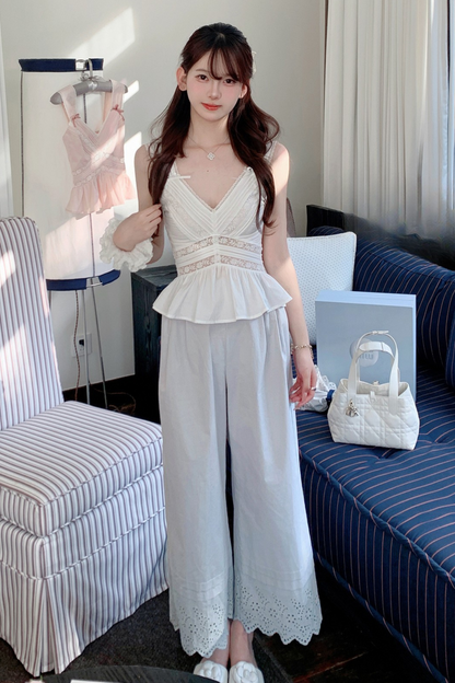 スイートショルダーリボンノースリーブトップス＋レースワイドパンツ