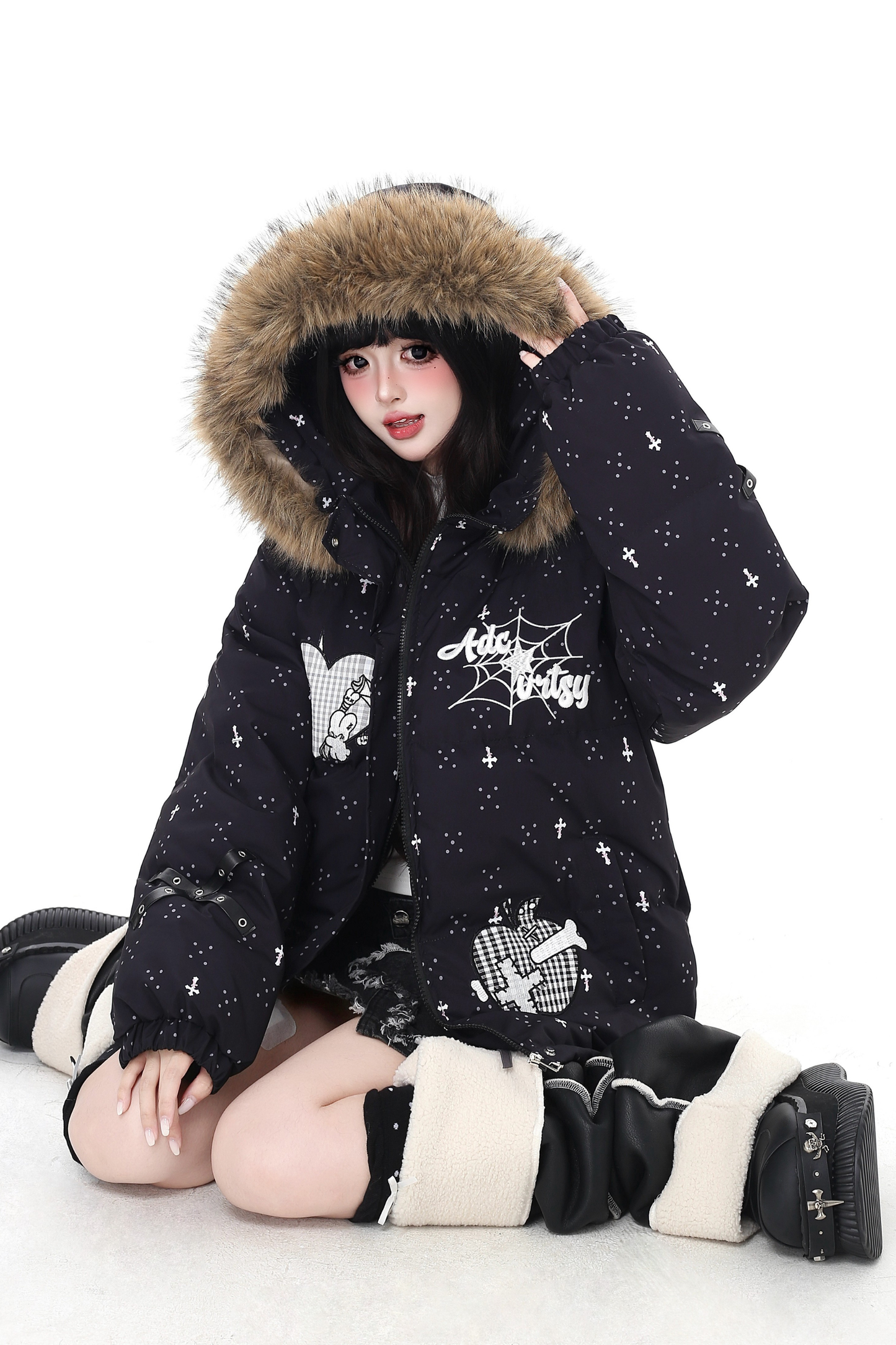 Dark rabbit design fur hooded jacket