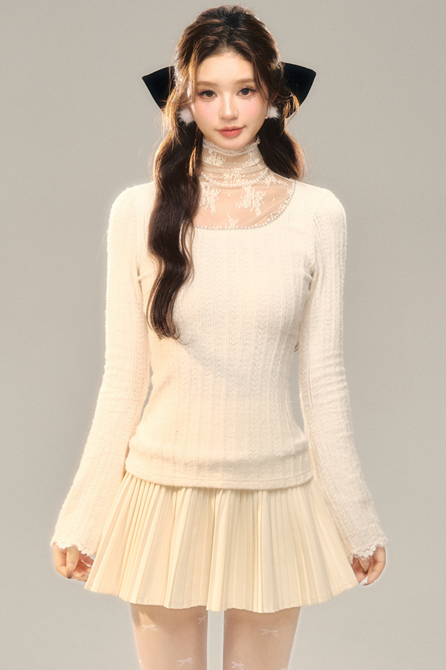 Lace Pile Collar Square Collar Knit Top