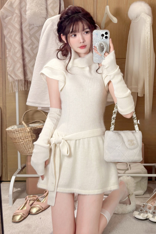 Sweet High Neck Flying Sleeve Knit Dress + Leg Warmers