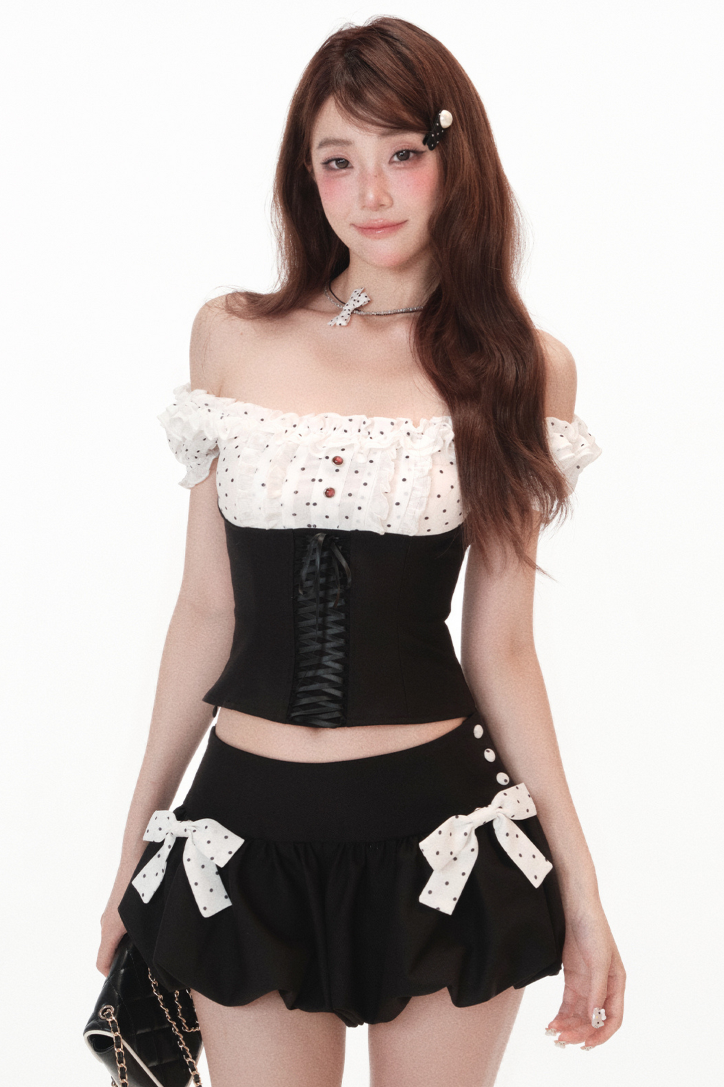 ドットフレンチオフショルトップス+リボンバルーンスカート