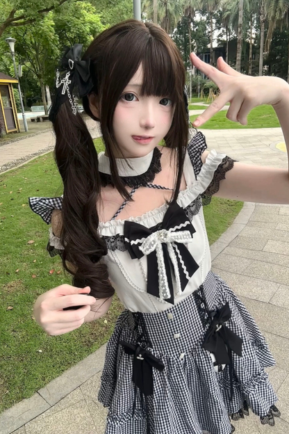 チェックオフショルダートップス+スカート