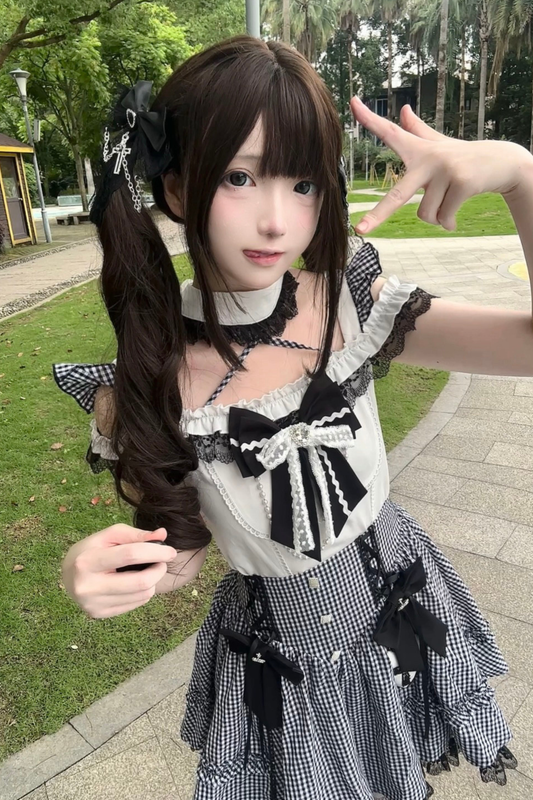 チェックオフショルダートップス+スカート