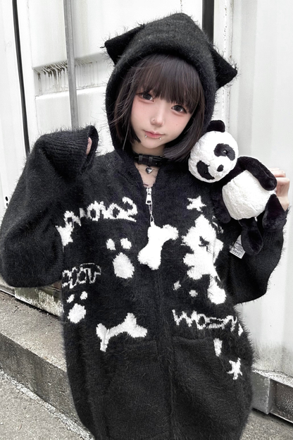 キャットデザインフードニットカーディガン