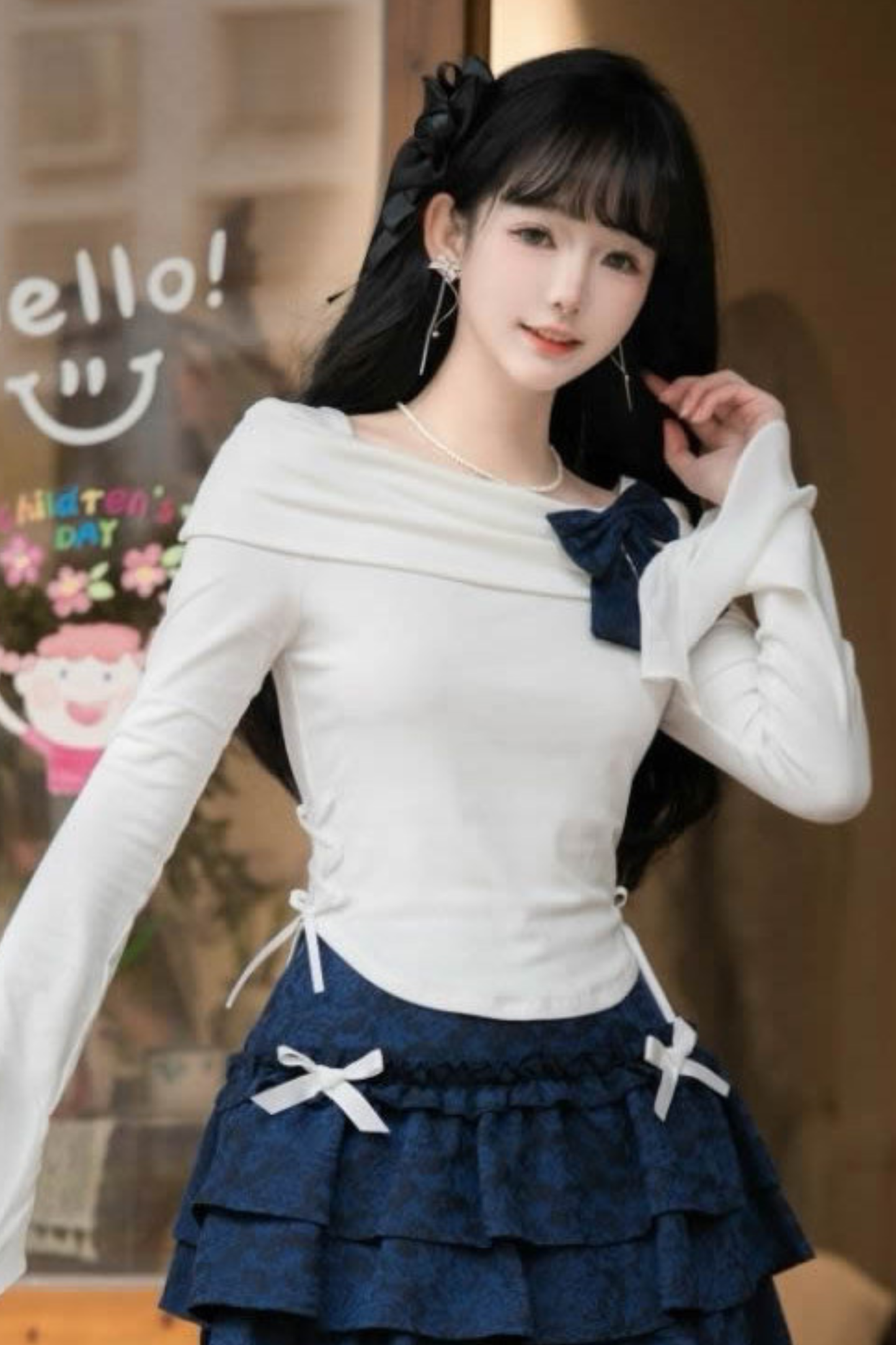 エレガントオフショルダートップス＋リボンスカート