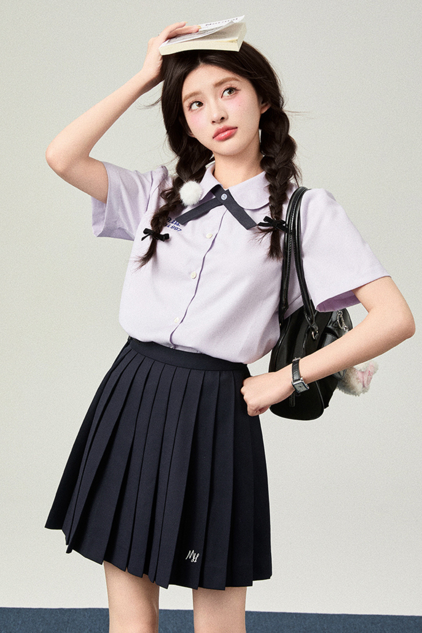 College ribbon tie shirt + pleated skirt