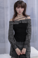 체크 오프숄더 셔츠 상의