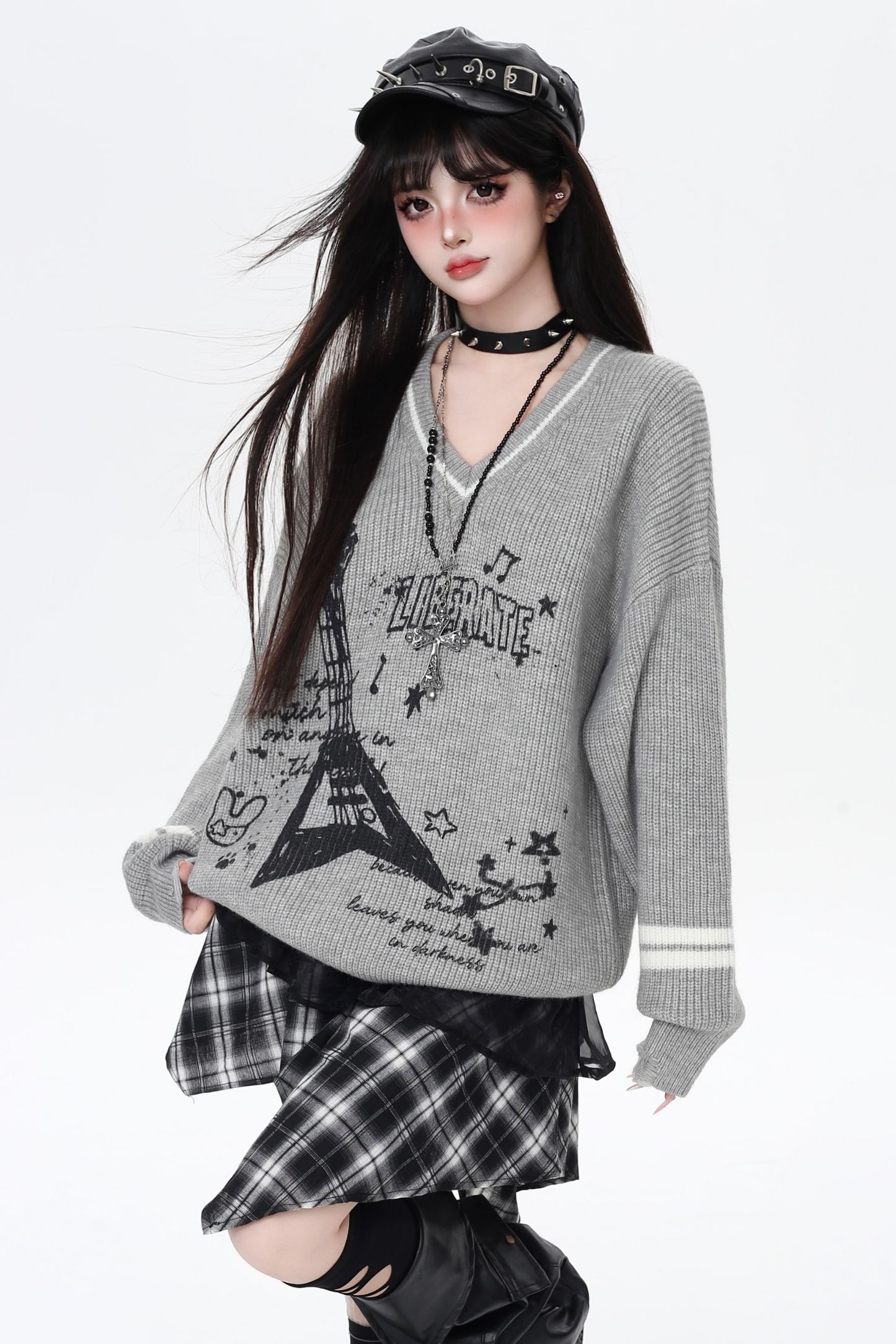 クールロックスタイルギターVネックルーズロングスリーブニット