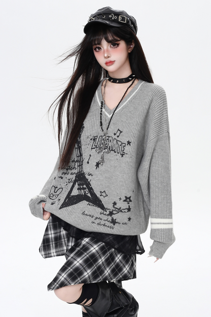 クールロックスタイルギターVネックルーズロングスリーブニット