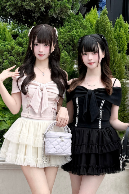 ワンショルダーリボンニットトップス