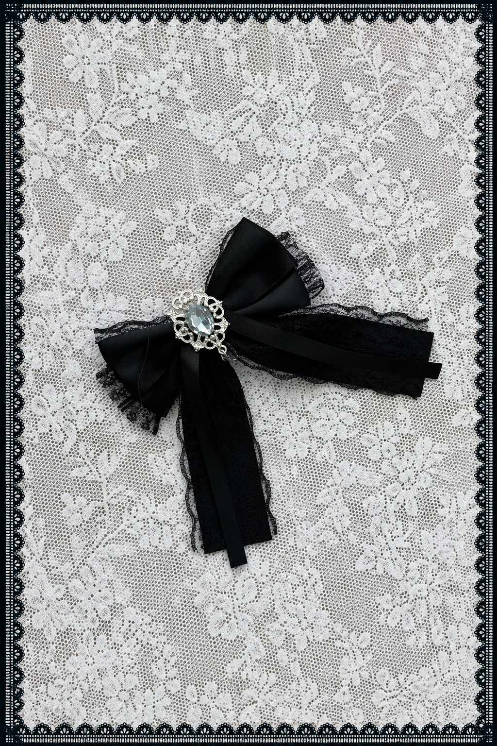 【11月15日予約締切】White Ruffle Trim Lace Sleeve Blouse＋Black White Pearl Bow Tiered Houndstooth Skirt＋Rhinestone Lace Ribbon Brooch