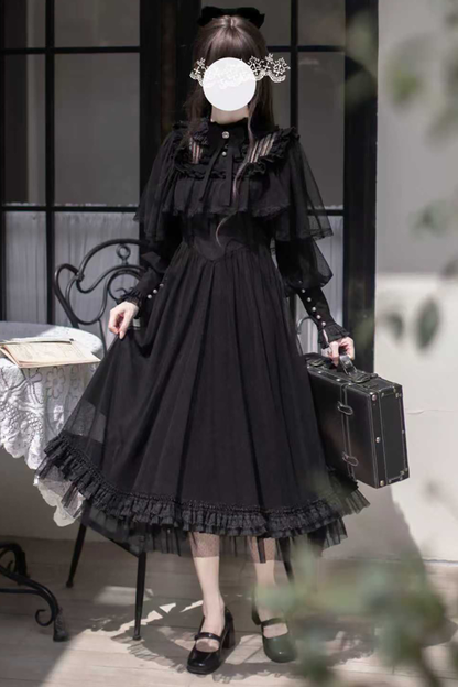 ダークエレガントブラックドットガーゼショールドレス