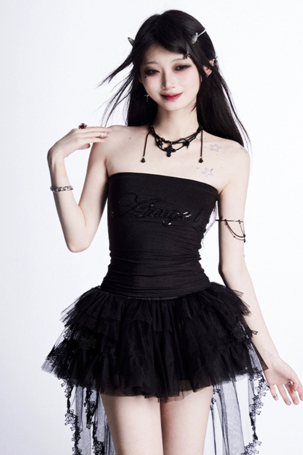 スパンコールトップス＋メッシュAラインスカート