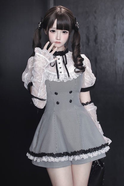 [3월 15일 예약마감] 깅엄 체크 다크 스위트 레이스 원피스 + 반바지