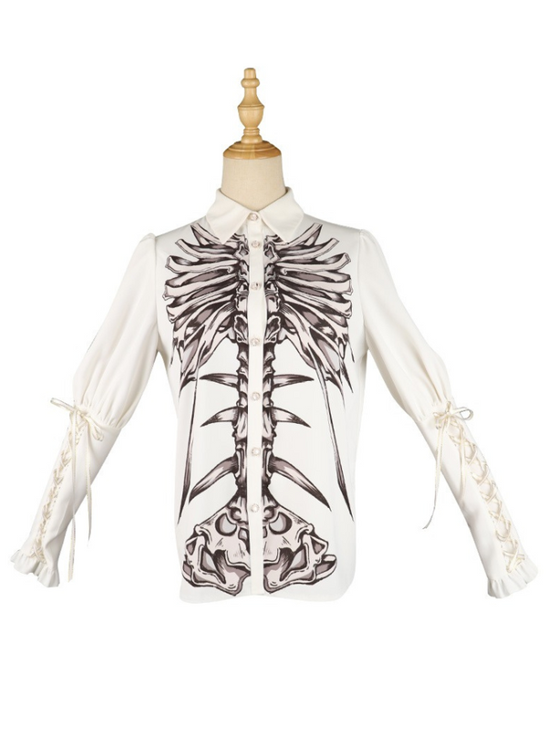 Lace-up sleeve bone blouse + cross ribbon gothic layered dress