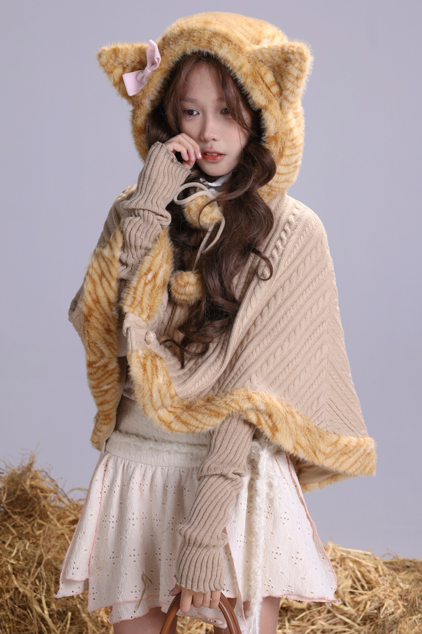 オレンジキャットニットフリースフォレストケープ