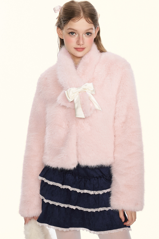 Sweet fur short coat + ribbon scarf