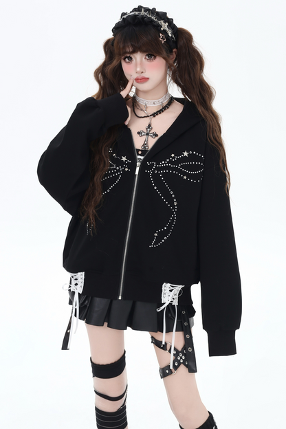 Loose Hoodie with Lame Ribbon Design