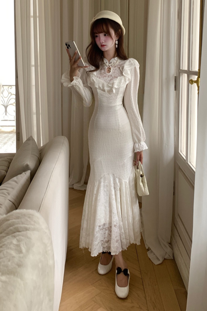 パフスリーブニットレースワンピース