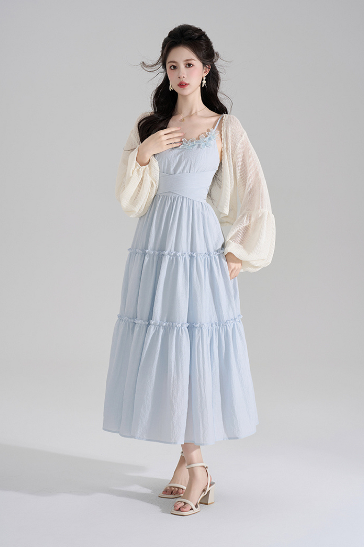 Romantic French Long Dress + Short Cardigan