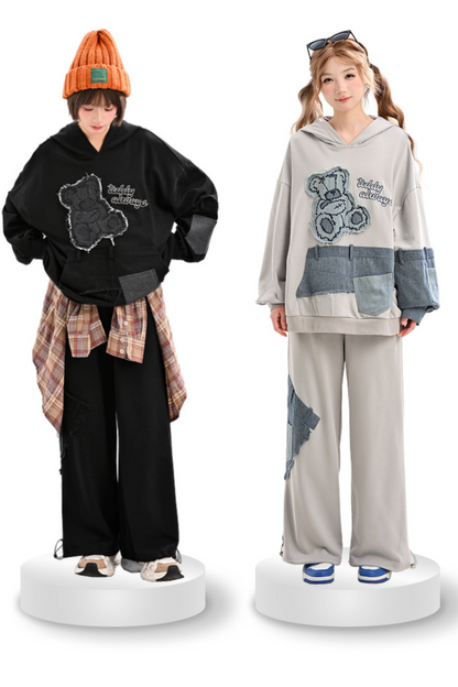 Patchwork Bear Design Loose Hooded Hoodie + Sweatpants