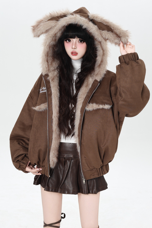 Rabbit Fur Hooded Suede Jacket