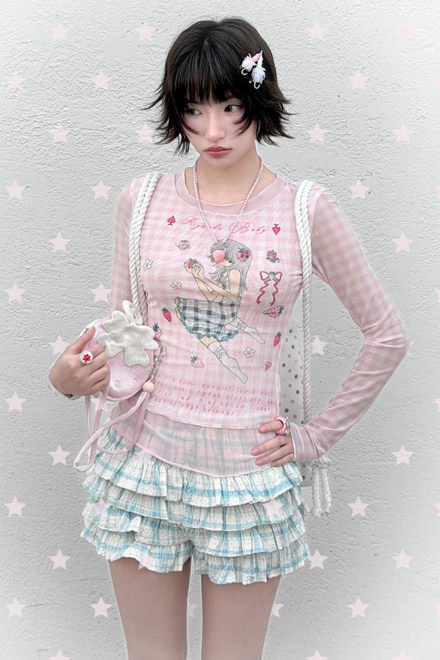 마카롱 피치 티셔츠 + 프릴 퀼로트