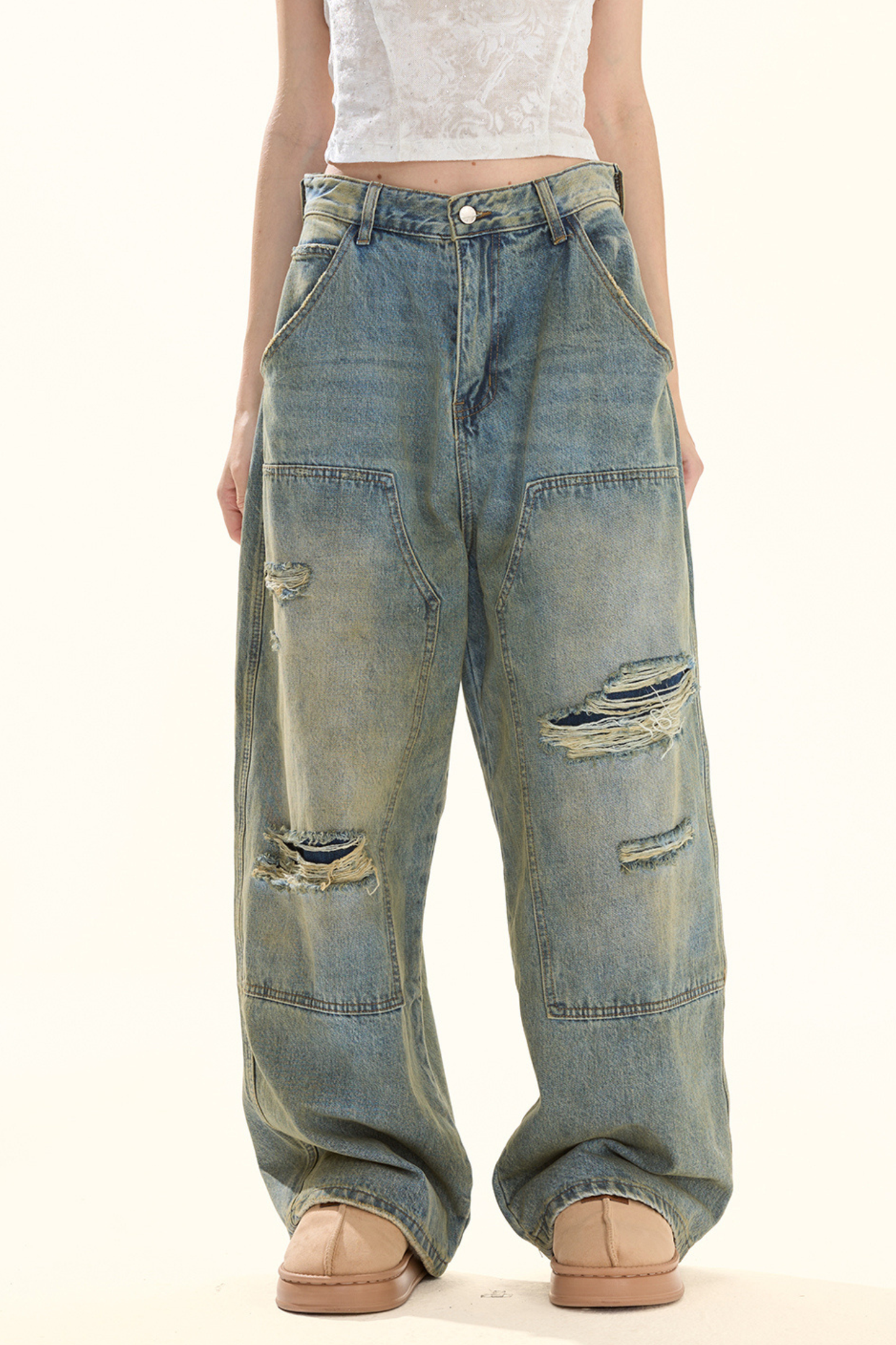 ウォッシュレトロデザインデニムパンツ