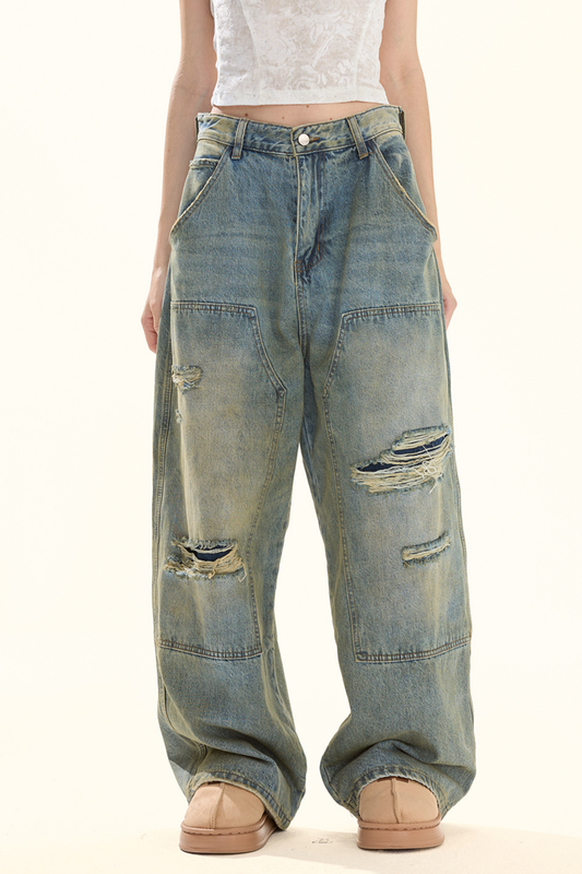 ウォッシュレトロデザインデニムパンツ