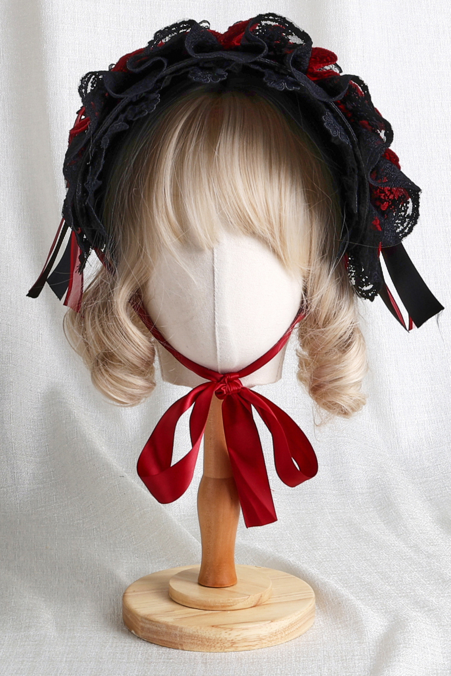 Dark Frilled Lolita Hairband + Flat Hat + Hat Clip + Ribbon Clip + Sleeve
