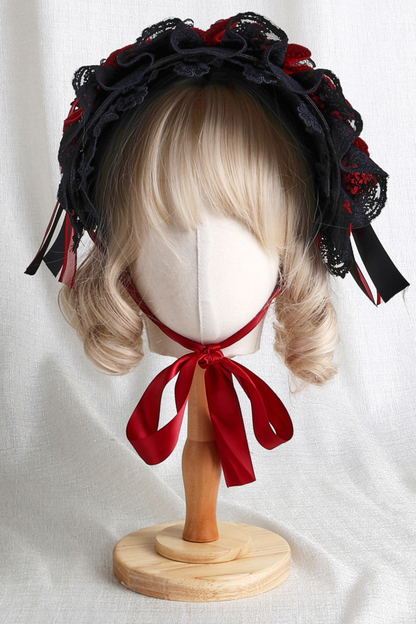 Dark Frilled Lolita Hairband + Flat Hat + Hat Clip + Ribbon Clip + Sleeve