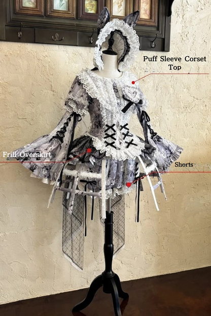 [Reservierungsschluss: 10. Monat, 6. Tag] Black Castle Bunny-Gothic-Doll-Spitzen-Korsett-Top mit Puffärmeln + Shorts + Rüschen-Überrock + Birdcage-Überrock Set 1/2/3