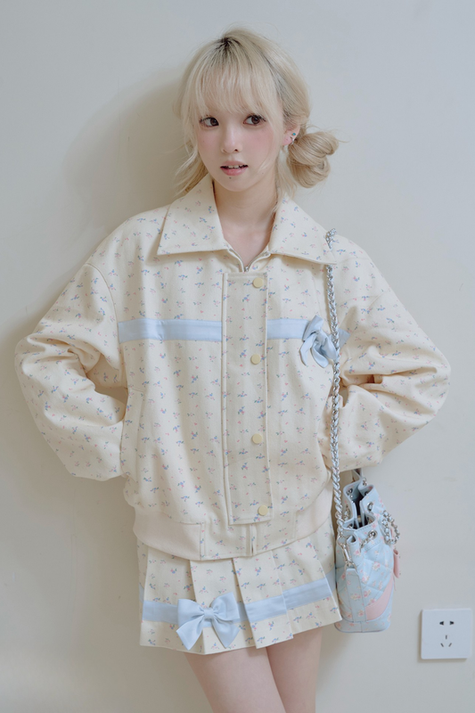 Flower ribbon jacket + pleated skirt