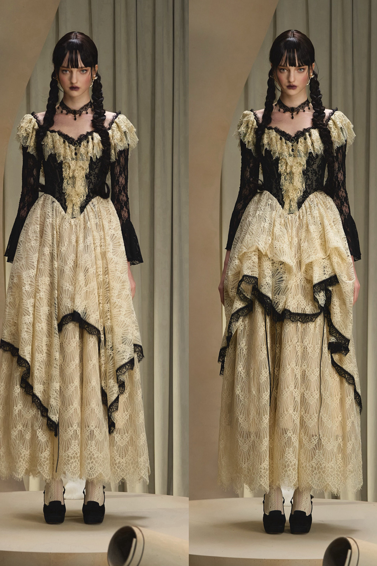 レースメイドレトロウエストフランスドレス