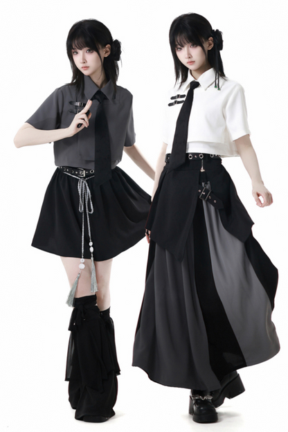 Mode tie short shirt + culottes ++ asymmetrical skirt + long skirt
